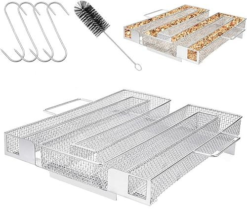 Générateur de Fumée Froide en Acier Inoxydable pour Fumoir Professionelle, Boîte de Fumoir de Granule Fumage Viande Poisson Barbecue Légumes, BBQ, avec Brosse de Nettoyage et Crochets（M）