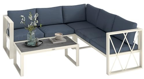 Outsunny Conjunto de Muebles Jardín Exterior de 4 Piezas Sofá Exterior Seccional Forma de L con 2 Sofás de 2 Plazas Sofá de Esquina con Asiento Ajustable y Mesa Centro de DPC con Cojines Beige y Gris