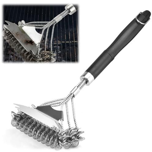 URHELP Cepillo limpiador de barbacoa de acero inoxidable con rascador, cepillo de tres filas de acero inoxidable, cerdas para barbacoa, aislamiento térmico, mango extraíble, cepillo de limpieza para