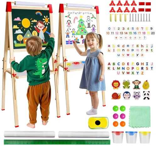 Set de Pizarra Infantil Doble Cara: Pizarra Blanca Infantil con Negro Magnético - Caballete Infantil de Madera Ajustable en Altura - Ideal para Niñas y Niños de 3 a 12 Años (White and Green)