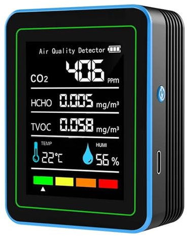 Luftkvalitetsövervakning, 5 i 1 luftkvalitetsmonitor inomhus CO2-detektor Formaldehyd HCHO TVOC-testare LCD-skärm Temperatur Fuktighetsmätare CO2-mätare,för hemmakontorsbil(Black)