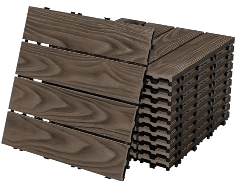 ECD Germany Baldosas de Patio WPC de 30x30 cm 33 Piezas para 3m² Aparencia de Madera Marrón Oscuro con Sistema de Drenaje e Instalación Mediante Clic, Losa Aspecto Tabla de Leña para Terraza y Balcón