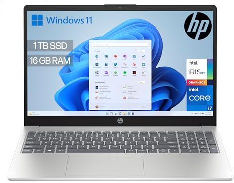 HP Ordenador portátil de 15.6 FHD (Intel Core i7-1335U, 16GB RAM, 1000GB SSD, Intel Iris Xe Graphics, Windows 11) Silver - Teclado QWERTY Español