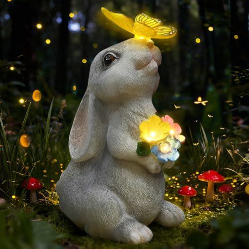 IDEA SHOW Solar Garden Statue Outdoor Decor, Rabbit Figurine with Butterfly LED Lights, Bunny Statue for Garden, Yard Decor, Lawn Ornament, Valentine's Day Birthday Gift for Women Mom Grandma