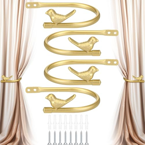 Otoolling 4 Pcs Metal Gold Curtain Holdbacks Farmhouse Decorative Window Curtain Holdbacks with Screws for Draperies Cottage Finish Living Room Office (Gold,Bird)