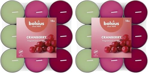 Bolsius - 18 Scented Tealights - Cranberry - Burn time of 3.5 Hours - Diameter 38 mm – Natural Extracts – Contains Vegan Wax – Palm Oil-Free (Pack of 2)