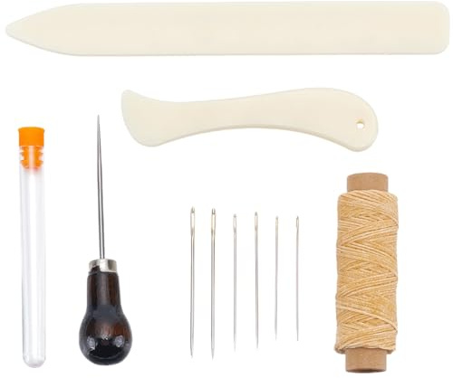CALFOVERA 11Pcs Book Binding Kits Waxed Cotton Thread Plastic Bone Folder Paper Creaser Sewing Needles Sewing Needle Storage Box Awl Starter Tools Kit for DIY Bookbinding Craft Sewing Supplies