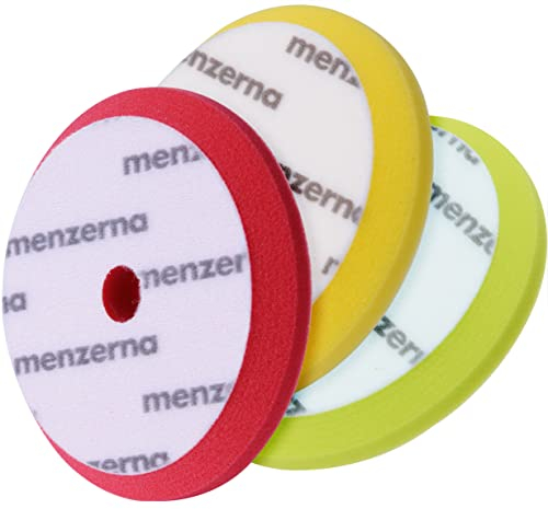 Detailmate Polierschwamm 3er Set: Menzerna Premium Pads 150mm mit Loch für Exzenter: Polierpad 1x rot, hart für heavy cut, 1x gelb, medium für medium cut, 1x grün, soft für Finish + 2 Schutzhandschuhe