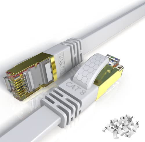 Veetop LAN Kabel 20 Meter Netzwerkkabel Cat 8 Flaches Internetkabel für 40 Gigabit Ethernet mit vergoldetem RJ45. 20m Weiß