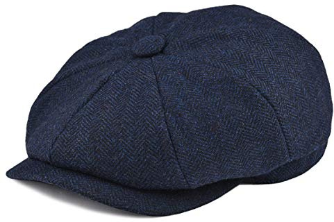 BOTVELA Sombrero de tweed con patrón de espina de espiga de 8 piezas de mezcla de lana para hombre, azul marino, 7 1/8
