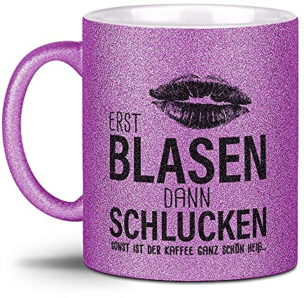 Tassendruck Glitzertasse - Erst Blasen dann Schlucken - Zweideutig, Kollegin, Freundin, Sexy-Tasse mit Spruch, Glitter - Hochwertige Keramik, Lila, 300 ml