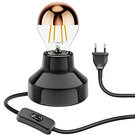 ledscom.de Porzellan Tischlampe TIX, rund, Stecker, Schalter, schwarz + LED Lampe, 839lm, warmweiß