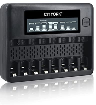 CITYORK 8 Ranuras Cargador de Pilas Recargables, Caragdor de Pilas para Recargables AA AAA Ni-MH con Pantalla LCD, Carga rápida USB y Ranura Independiente