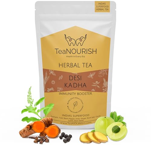 TeeNOURISH Desi Kadha | Kräutertee zur Stärkung der Immunität | Indische Superfoods Kurkuma, Amla, Tulsi, Ingwer und Steinsalz | Entspannend und wärmend | 100% NATÜRLICH – 100 g