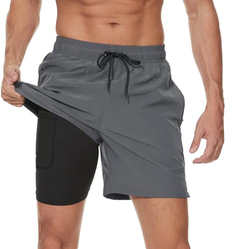 Arcweg Men's Swim Trunks Mens Swimming Shorts with Compression Liner Quick Dry Stretchy 2 in 1 Board Shorts with Zipper Pockets Back + Grey XL (UK)