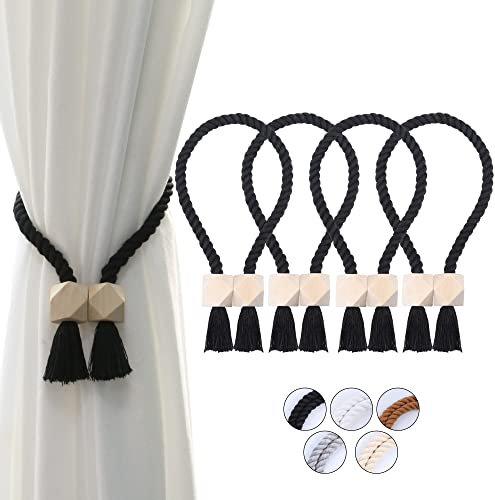 OCIOLI Paquete de 4 alzapaños magnéticos fuertes para cortinas para exteriores, de algodón, tejido a mano, alzapaños de cortina para cortinas (negro, 4)