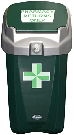 Glasdon Pharmacy Returns Unit 30 (Green, Wall Fixing Kit) – 30 Litre Unit for Storing Unused Prescribed Medicines – Compact Indoor Chemist Returns Storage Bin