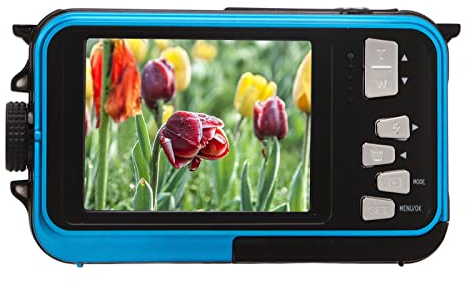 Caméra sous-Marine, Appareil Photo Numérique étanche Full HD 2,7 K 48 MP 10 Pieds, Caméra de Poche LCD Avant Arrière Double écran avec Zoom Numérique 16X pour la Plongée en Apnée, (Bleu)
