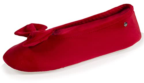 Isotoner Chaussons pantoufles Ballerines femme ultra confortables, semelle en cuir, détail grand nœud, 39/40, rouge