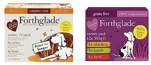 Forthglade Complete Natural Wet Dog Food - Grain Free Variety Pack (12 x 395g) Trays -7 Years+ & Complementary Natural Wet Dog Food - Grain Free & Vegetables Just Variety Pack (12 x 395g) Trays