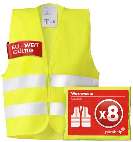 PURAHELP Warnwesten Auto 8er Set - Europaweit gültig nach EN ISO 20471 - Reflektierende Sicherheitsweste Auto Warnweste Gelb - Warnschutzweste für Erwachsene