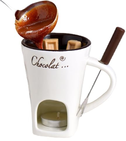 HUNYA Set Personale di Tazze per Fonduta di Cioccolato da 130 Ml, Tazza Scalda in Ceramica con Forchetta, Tazza per Fonduta di Cioccolato, per Formaggio, Cioccolato, Caramello (Senza Candela)