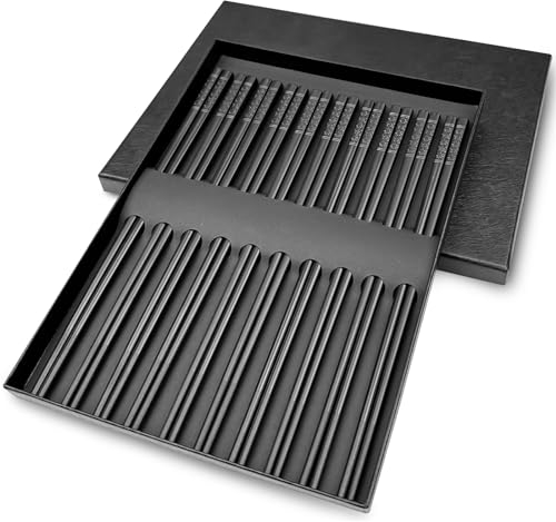 Frevoitna 10 Paires Baguette Chinoise Fibre de Verre, Baguette Noires en Alliage 24cm Réutilisables Lavables au Lave-Vaisselle, Baguettes Japonaise Antidérapantes pour Restaurant Manger Cadeau