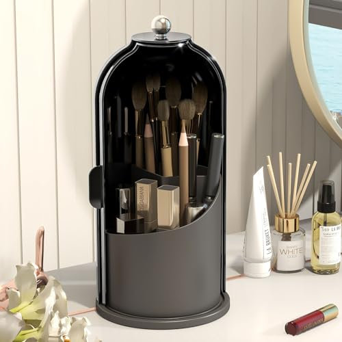 Emljkvp Make-up-Pinselhalter mit staubdichter Abdeckung, um 360 Grad drehbar, Make-up-Pinsel-Organizer für Schminktisch, Badezimmer, komplett schwarz
