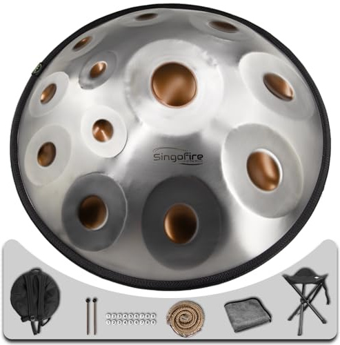 SINGOFIRE 12-Notes Handpan Drum, Handpan Drums for Adults, 22-Inch 440Hz D Minor Kurd, HandPan Instrument with Soft Handpan Bag, 2 Mallets, Handpan Stand and Dust-Free Cloth(Gold Eye)