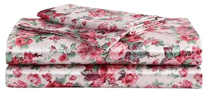 Betsey Johnson Lenzuola per letto matrimoniale, lussuoso set di biancheria da letto in raso, liscio e setoso, decorazione per la casa (rosa floreale vintage, matrimoniale)