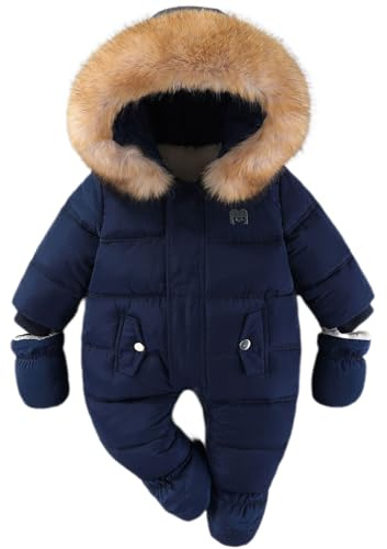 BRONG Baby Winter Snowsuit Toddler Fleece Romper Hooded Jumpsuit Infant Boys Girls Warm Zipper Outerwear with Gloves Blue 3-6 Months
