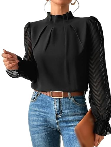 Chemises à manches longues avec col roulé et volants pour femmes, hauts à manches lanterne froncées décontractées pour femmes, blouses d’automne pour femmes 2024, Noir , M