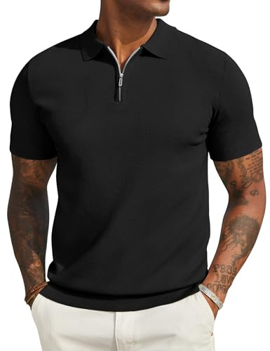 COOFANDY Polo de Manga Corta para Hombre, Polo de Punto de Verano con Cremallera, Camisa de Golf Rosa