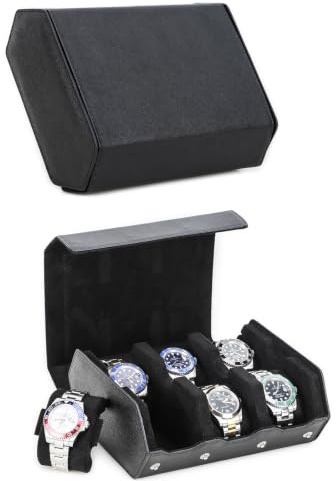 Hiram Watch Storage Case Genuine Leather Hexagon Watch box for 6 Watches Protective Storage Organizer Box for Watches (Black)