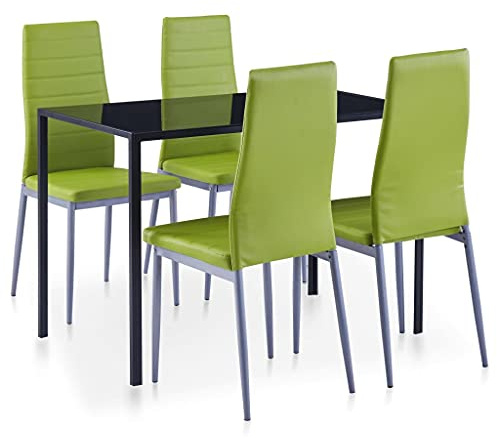 Teenpull 5-TLG. Gruppo da pranzo, verde, design moderno, vetro temperato, ecopelle, sala da pranzo, cucina, per 4 persone