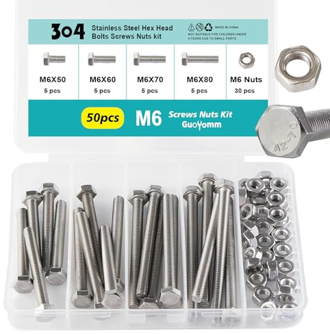 GuoYomm M6 set med 50 skruvar, 304 rostfritt stål, sexkantsskruvar, bultar och muttrar, maskinskruvar, längder: 50 mm, 60 mm, 70 mm, 80 mm