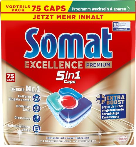 SOMAT Excellence Premium 5in1 Caps (75), schnellauflösende Spülmaschinentabs mit Extra Boost auch im Niedrigtemperatur-, Kurz- & Eco-Programm, entfernen selbst 72 h eingetrocknete Essensreste