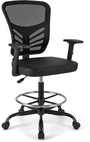 FANTASK Kontorsstol, arbetsstol, datorstol, justerbara armstöd med fotstöd, sitthöjd 54–75 cm, hög snurrstol upp till 150 kg, ergonomisk för arbetsplats, hemmakontor, svart