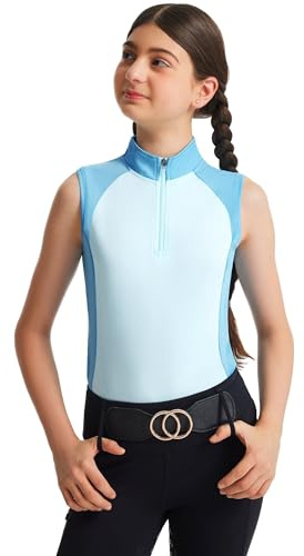 FitsT4 Sports Girls Sleeveless Equestrian Shirt Half Zip Athletic Tops for Horse Riding Running Golf Tennis Horseback Show Light Blue S