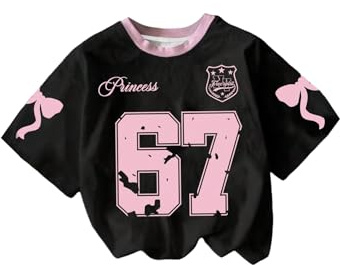GORGLITTER Girl's Number Jersey Shirts Oversized Bow Graphic Tees V Neck Half Sleeve Going Out Tops Aged 8-12 Years Pink and Black 10 Years