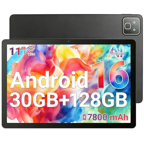 Tableta Android 16, 30GB + 128GB (ampliable a 1 TB), tableta de 11 pulgadas con Bluetooth 5.3, WiFi 6, cámara dual, 5 núcleos, 5 MP + 8 MP, 7800 mAh, tabletas con modo teclado, luces arcoíris(negro)