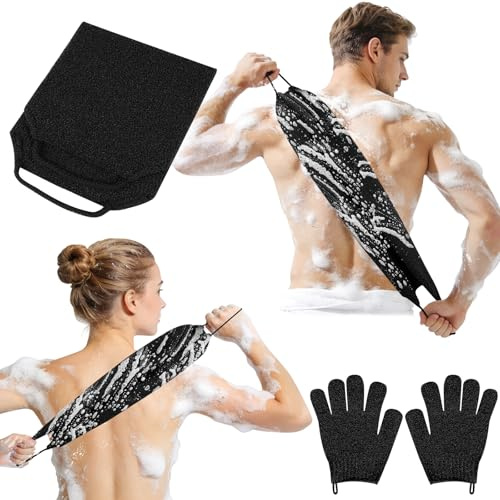 AYBUY Set de Guante Exfoliante Corporal de espalda, 3 Piezas Guante Exfoliante, 2 Guantes Exfoliantes y 1 Cepillos Ducha Grande con asas, Baño Accesorios Para Hombres,Mujer,Ducha,Spa,Masaje, Negro