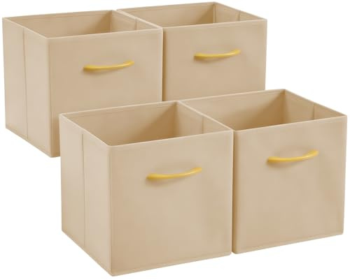 Collapsible Fabric Storage Cubes, Pack of 4 Foldable Boxes with Handles | Khaki 33 x 38 x 33 cm | Non-Woven Fabric | Open-Top Cube Shelf Baskets For Wardrobes, Toys, Clothes & Nursery