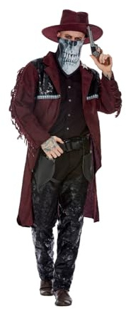 Deluxe Dark Spirit Western Cowboy Costume Burgundy Jacket Chaps Holster Hat & Mask (XL)