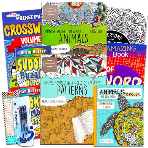 Activity Books for Adults Seniors Teens Super Set ~ 8 Advanced Activity Books Filled with Mazes, Puzzles, Crosswords, Color By Number, Connect the Dots and Coloring Activities (Over 400 Pages Total)