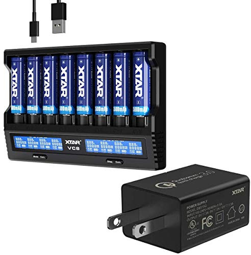 Combo: XTAR VC8 8-Slot Type-C LCD Charger with QC3.0 3Amp Wall Adapter