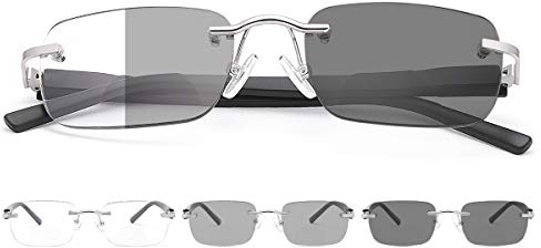 LJIMI Randlos Photochrome Bifokale Lesebrille Federscharnier Uebergang Sonnenbrille Blau Licht Blockieren Computer Brillen UV400 Schutz Bifocal Sonne Leser für Damen Herren Blendschutz Gläser Brille