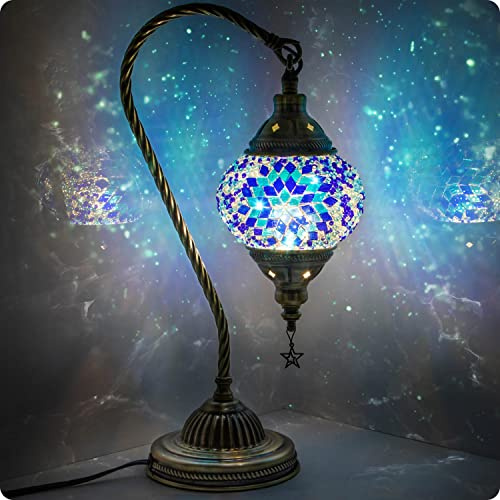 Yarra-Decor Turkish Moroccan Lamp with Bronze Base 3 Color Options Handmade Swan Neck Tiffany Mosaic Glass Bedside Lamps for Bedroom (LED Bulb Included)