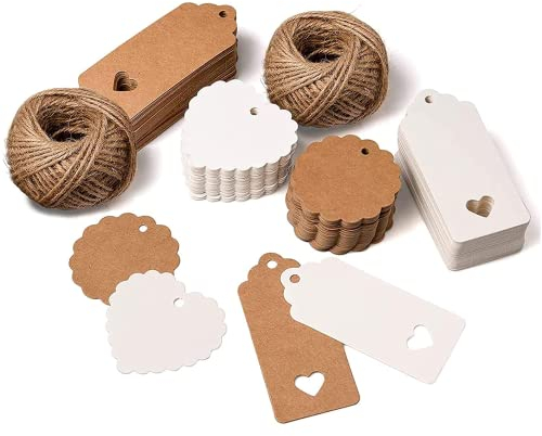 CareHabi - 200stk. Kraftpapier Anhänger Etiketten Geschenkanhänger mit Herz und Jute Schnur 50M für Hochzeit Geschenke ，Weihnachtsgeschenke,Partygeschenke,Geschenkdeko.