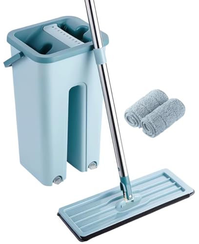 Mopa Fregona Cubo Escurridor Mopa Limpieza Suelos Giratoria 360 Fregona Autoescurrible Mop Bucket Mopa para Limpiar Azulejos y Paredes Trapeador Ventanas Atrapa Polvo Doble Compartimento